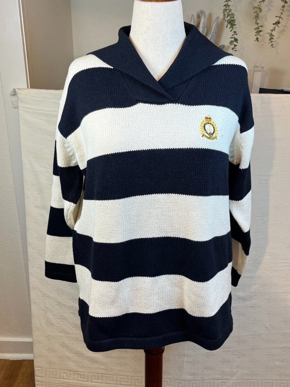 Ralph Lauren Sweater Sz L, 100% Cotton, Navy Blue & White Striped, Sailor Collar